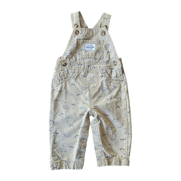 Just One You by Carter's Khaki Dinosaur Print Cotton Overalls, Baby Boys Size 9M - Picture 2 of 7